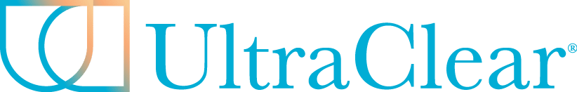 UltraClear logo, light blue text next to the logo that has a light blue to light orange gradient